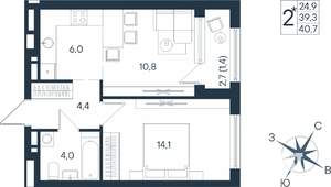 2-к квартира, строящийся дом, 41м2, 10/15 этаж
