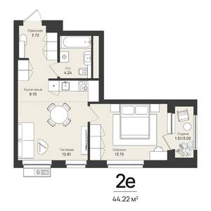 2-к квартира, строящийся дом, 44м2, 5/16 этаж