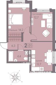 2-к квартира, строящийся дом, 50м2, 16/22 этаж