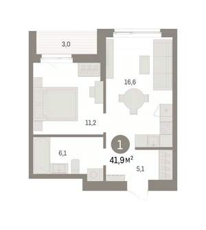 1-к квартира, вторичка, 42м2, 6/16 этаж