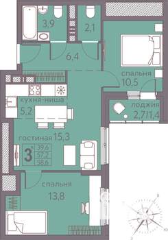 3-к квартира, строящийся дом, 59м2, 19/22 этаж