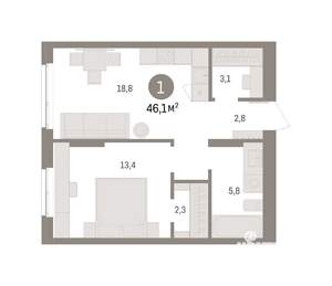 1-к квартира, вторичка, 46м2, 9/9 этаж