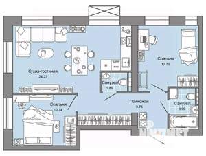 2-к квартира, вторичка, 63м2, 3/9 этаж