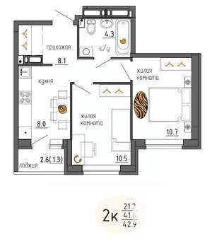 2-к квартира, строящийся дом, 43м2, 12/25 этаж