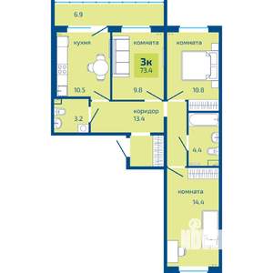 3-к квартира, строящийся дом, 73м2, 1/10 этаж