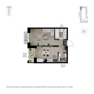 1-к квартира, строящийся дом, 40м2, 2/6 этаж