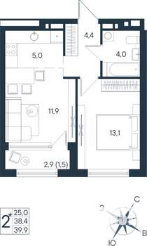 2-к квартира, строящийся дом, 40м2, 10/15 этаж
