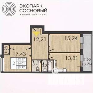 2-к квартира, вторичка, 66м2, 1/4 этаж