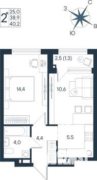 2-к квартира, строящийся дом, 40м2, 7/15 этаж