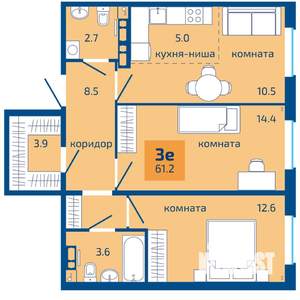 3-к квартира, строящийся дом, 61м2, 7/10 этаж