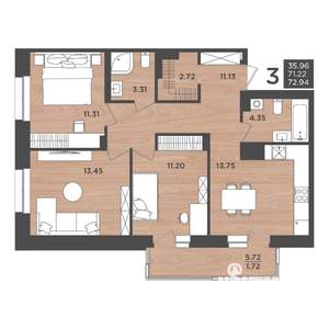 3-к квартира, строящийся дом, 73м2, 2/24 этаж