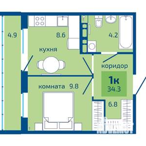 1-к квартира, строящийся дом, 34м2, 8/10 этаж