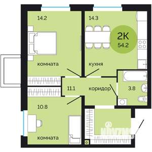 2-к квартира, вторичка, 54м2, 1/7 этаж