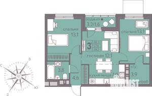 3-к квартира, вторичка, 59м2, 2/22 этаж
