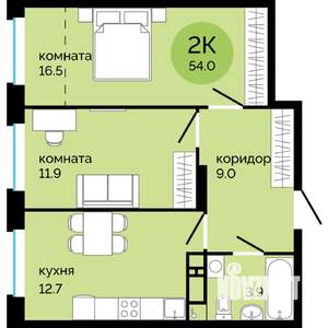 2-к квартира, вторичка, 54м2, 17/25 этаж