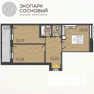 2-к квартира, вторичка, 66м2, 1/4 этаж