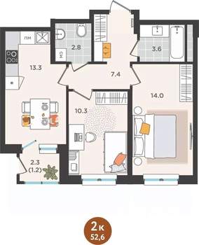 2-к квартира, вторичка, 53м2, 19/25 этаж