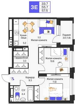 3-к квартира, строящийся дом, 58м2, 11/25 этаж