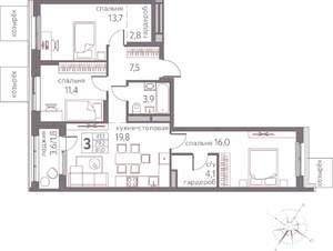 3-к квартира, строящийся дом, 81м2, 2/20 этаж