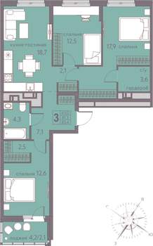 3-к квартира, строящийся дом, 83м2, 5/22 этаж