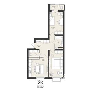 2-к квартира, строящийся дом, 69м2, 14/16 этаж
