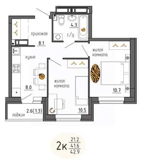 2-к квартира, строящийся дом, 43м2, 7/25 этаж