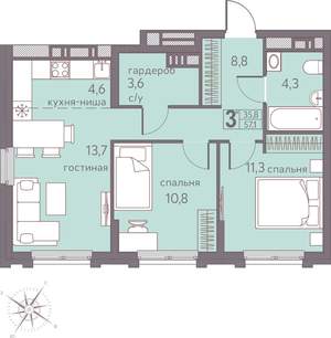 Студия квартира, строящийся дом, 57м2, 16/22 этаж
