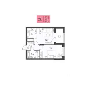 2-к квартира, вторичка, 49м2, 5/22 этаж