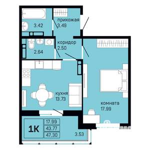 1-к квартира, вторичка, 47м2, 2/16 этаж