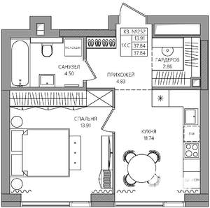 1-к квартира, строящийся дом, 38м2, 8/28 этаж