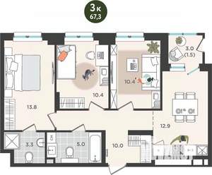 3-к квартира, вторичка, 67м2, 2/25 этаж