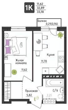 1-к квартира, вторичка, 33м2, 2/4 этаж