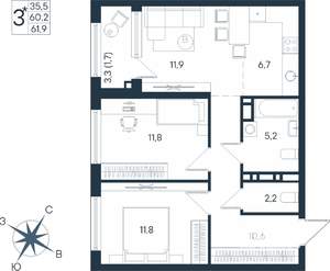 3-к квартира, строящийся дом, 62м2, 8/15 этаж