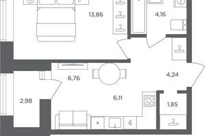 1-к квартира, вторичка, 38м2, 4/8 этаж