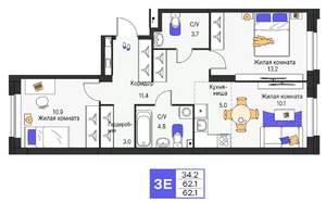 3-к квартира, строящийся дом, 62м2, 6/25 этаж