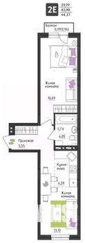 2-к квартира, строящийся дом, 44м2, 2/4 этаж