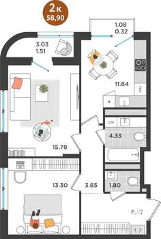 2-к квартира, строящийся дом, 59м2, 3/10 этаж