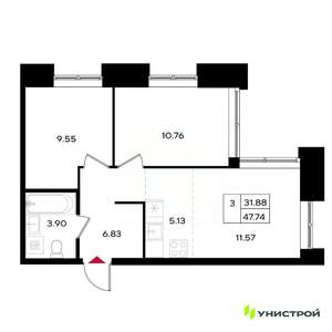 3-к квартира, вторичка, 48м2, 4/25 этаж