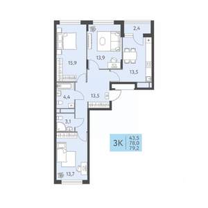 3-к квартира, строящийся дом, 79м2, 2/22 этаж
