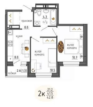 2-к квартира, строящийся дом, 43м2, 20/25 этаж