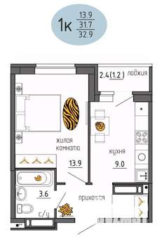 1-к квартира, строящийся дом, 33м2, 22/25 этаж
