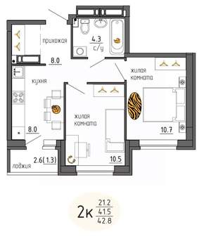 2-к квартира, строящийся дом, 43м2, 20/25 этаж