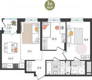 3-к квартира, вторичка, 61м2, 9/25 этаж