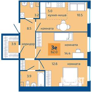 3-к квартира, вторичка, 62м2, 1/10 этаж
