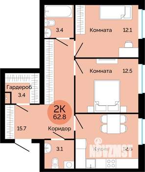 2-к квартира, вторичка, 63м2, 1/15 этаж