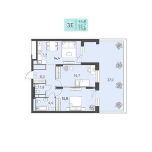 3-к квартира, вторичка, 74м2, 2/22 этаж
