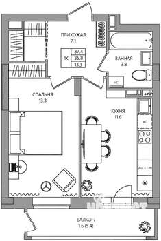 1-к квартира, вторичка, 38м2, 7/9 этаж
