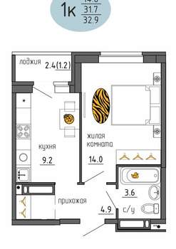 1-к квартира, строящийся дом, 33м2, 21/25 этаж