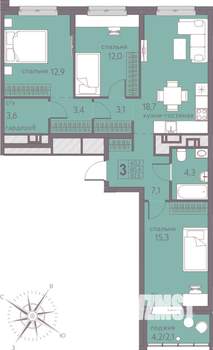 3-к квартира, строящийся дом, 83м2, 3/22 этаж