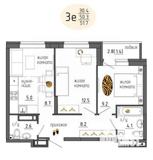 3-к квартира, строящийся дом, 52м2, 23/25 этаж